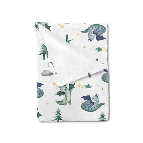 Image of Cartoon Fairy Tale Dragon Moon Stars Clouds Trees Baby Blanket for Boy Girl Watercolor Dragons Flannel Swaddle Blanket Soft Receiving Blankets for Crib Newborn Nursery Toddler Bed Blanket Green 50x60