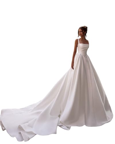 Square Neck Satin Wedding Dresses for Bride Pleated Sleeveless A Line Drop Waist Bridal Gowns 2025 with Train