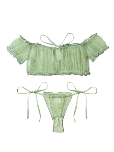 Image of Lilosy Sexy Stretch Ruffle Tie Sheer Mesh Lingerie Set Outfits