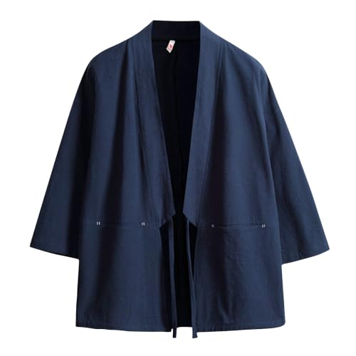 Image of Haseil Men's Kimono Cardigan Japanese Jackets Casual Cotton 3 /4 Sleeve Shirt Open Front Coat Lightweight Linen Outwear
