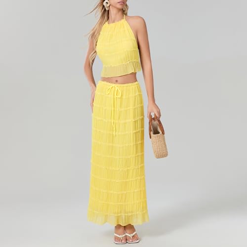 Image of Women Y2K Skirt Set Outfits Strapless Crop Top Bodycon Midi Skirt Dress Sexy 2 Piece Knit Outfits Skirt Summer