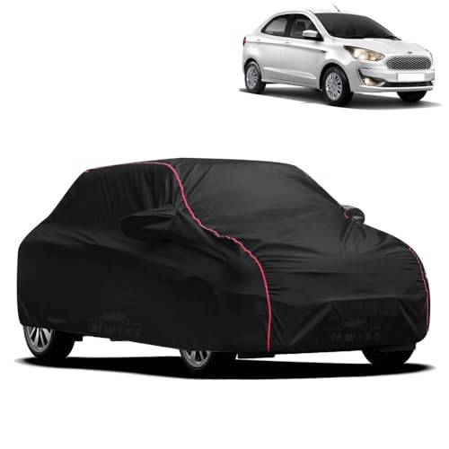 Image of Waterproof Car Cover for Ford Aspire | All-Weather Protection, Dustproof & UV Resistant | Triple Stitched Mirror Pockets, Windproof Buckle Strap with Elastic Hem, Black-Red Piping