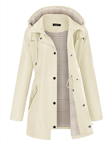 LOMON Women Rain Jacket Lightweight Hooded Jackets Women Lined Trench Coats Waterproof Outdoor Hiking Raincoat Beige XXL (Big Plaid Lining)