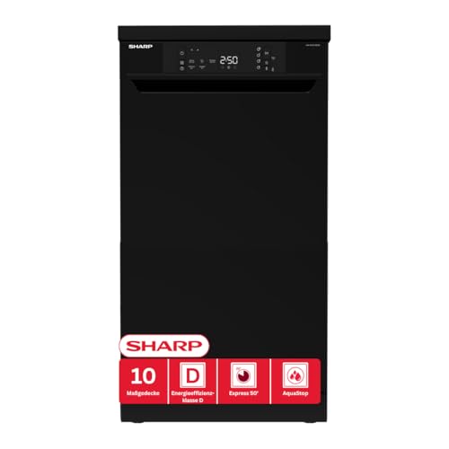 SHARP QW-NS1DF47DB-DE Freistehende Geschirrspüler 45cm, 10 Maßgedecke, 5 Programme, AquaStop, Schwarz