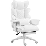 Dowinx Big and Tall Office Chair with Pocket Spring Cushion and Lumbar Support,High Back Computer Gaming Chair with Adiustable Ammrests,Executive Desk Chair with Footrest(Pu-White)