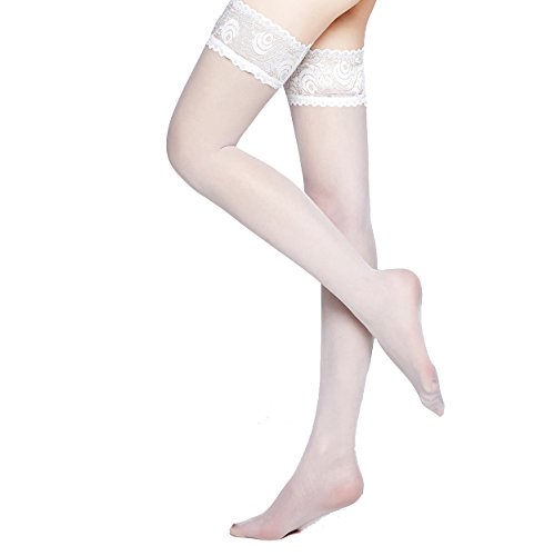 MOOCHI Women's 20 Denier Sheer Soft White Thigh High Stockings with Silicone Lace Top for formal casual dresses