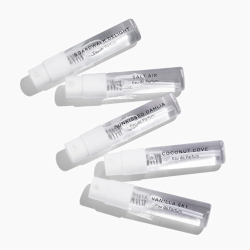 skylar perfume discovery spray sampler set - boardwalk delight sunkissed dahlia vanilla sky salt air coconut cove - hypoallergenic amp clean perfume for women amp men - 5 15ml