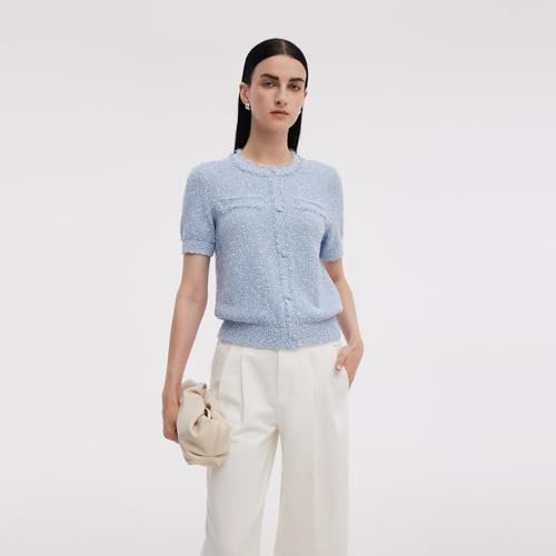 Women's Summer Cropped Cardigan Short Sleeve Knit Top Frayed Edge Cotton Light Blue Button Up Open Front T Shirts2
