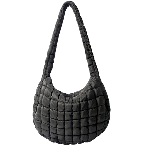 Puffer Tote Bag Large Puffy Quilted Soft Quilted Crossbody Bag Carryall Hobo Handbags for Women Girl (Black)