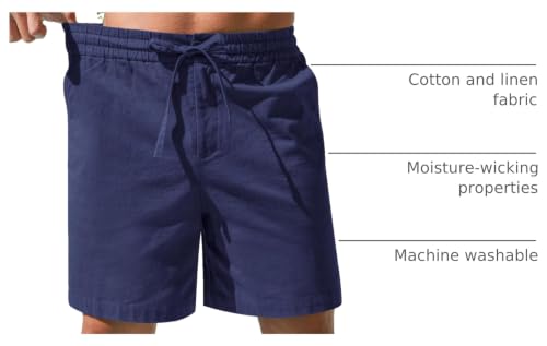 Image of RQP Mens Cotton Linen Shorts Casual Drawstring 7inch Inseam Shorts Stretch Summer Beach Wear