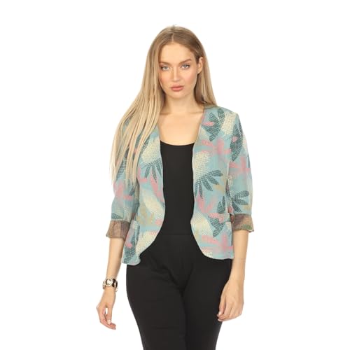Blue Textured Leaf Print Blazer, Casual Italian Made, 3/4 Sleeve, Machine Washable (US, Alpha, One Size, Regular, Regular, L/XL, Blue Textured Leaf)