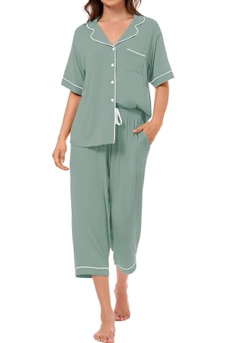Image of LUBOT Womens Bamboo Viscose Pajamas for Women PJ Set 2 Piece Cooling Soft Short Sleeve Capri Pants Summer Sleepwear Set S-XXL