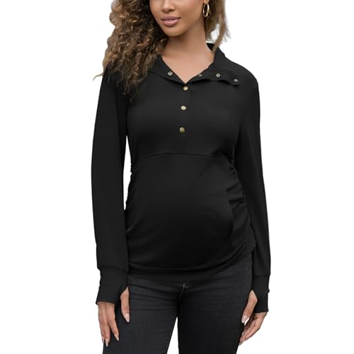 DEBELLY Maternity Lightweight Sweatshirt Women's Long Sleeve Button Down Pullover with Pocket and Thumb Hole for Casual Wear, Black, Medium