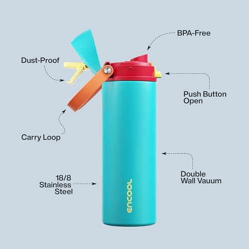 Image of Insulated Water Bottle with Straw - Encool Stainless Steel Water Bottle with Push Button Lid, Leak-Proof & BPA-Free, Keeps Cold for 24 Hours for Sports, Travel, Gym (24 oz, Cerulean Blue)