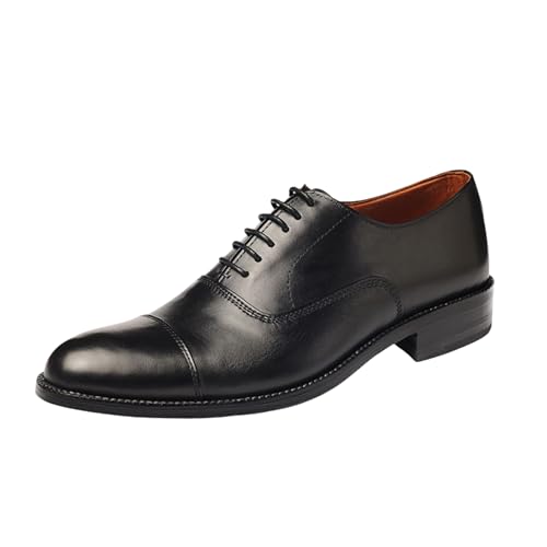 Men's Dress Shoes | Genuine Leather Cap Toe Oxford Shoes Men Lace-Up Comfortable Rubber Sole