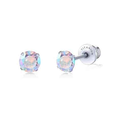 Limerencia Hypoallergenic G23 Implant Grade Titanium Screw Back Earrings Tragus 20G Helix F136 Piercing Post for Sensitive Ears Simulated Diamond Cartilage (5 mm, Aurora Borealis) Cover