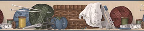 Concord Wallcoverings Wallpaper Border Sewing Appliances Scissors Measurement Tape Knitting Tread, Colors Beige Brown Blue Green, Size 5.25 Inch by 15 Ft BT77703