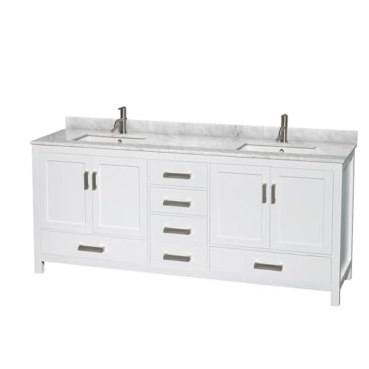 Wyndham Collection Sheffield 80 inch Double Bathroom Vanity in White, White Carrara Marble Countertop, Undermount Square Sinks, and No Mirror