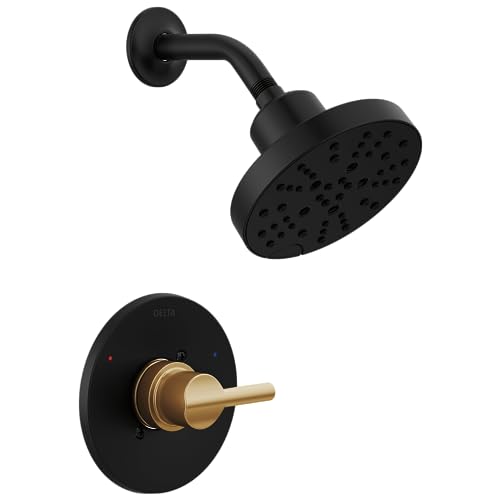 Delta Nicoli 14 Series H2Okinetic Shower Faucet Set, Matte Black/ Brushed Gold Shower Head and Handle Set, Valve Trim Kit, Matte Black/ Champagne Bronze 142749-GZ (Shower Valve Included)