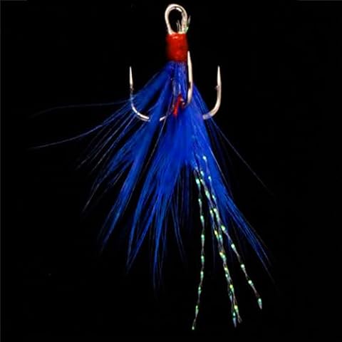 FANGBLUE 20Pcs Treble Fishing Hooks with Blue Feather Size 10# Stainless Steel Barbed Sharp Triple Fishhook with Box for Saltwater Freshwater (Blue10#) Cover