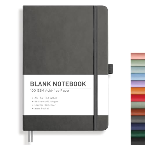 Image of RETTACY Blank Journal Notebook, 192 Pages, A5 Medium Size (5.7'' x 8.3'') | Leather Hardcover, 100 GSM Thick Paper, for Sketching, Drawing, Painting (Gray)