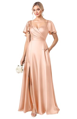 HLEPUN Women's Sweetheart Bridesmaid Dresses with Ruffle Sleeves Satin A-Line Prom Party Gowns with Slit Short Sleeves Wedding Guest Dress Peach