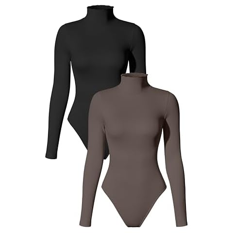 TOB Women's 2 Piece Bodysuits Sexy Ribbed Long Sleeve High Neck Tops Bodysuits Black Tea leaf Cover