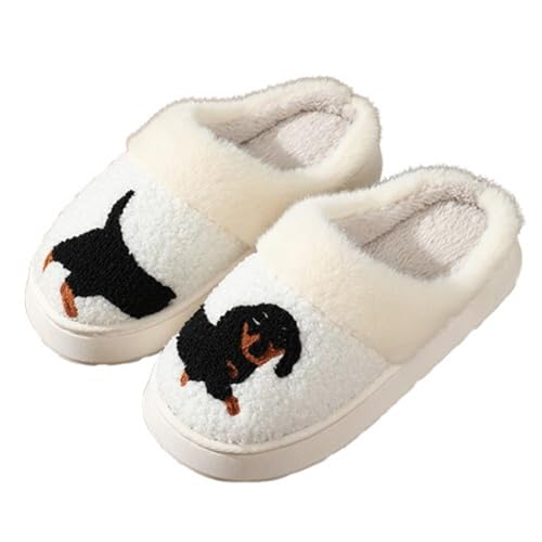 ZNEL Hausschuhe Schwarz Dackel Muster Karikatur Tier Dicke Sohle,Pantoffeln Memory Foam Kuschelige Plüsch Pantoffel Paar Indoor Haushalt(38/39 EU, White)
