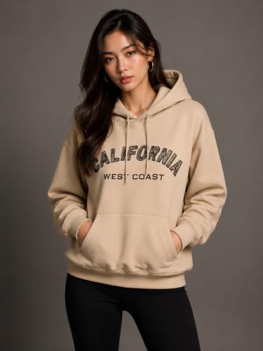 Image of Women's Fleece Hoodie Sweatshirt | California West Coast Graphic Print | Long Sleeve Hooded Pullover with Kangaroo Pocket | Casual Winter Oversized Hoodie