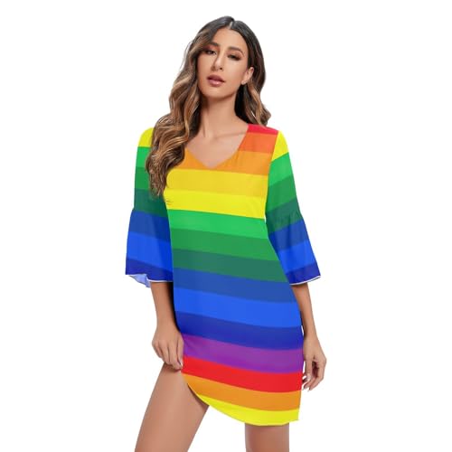 Robe en mousseline arc-en-ciel à manches 3/4 pour femme