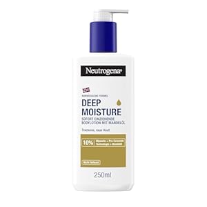 Neutrogena Deep Moisture Bodylotion mit Mandelöl, sofort einziehende Körperlotion für 72h intensive Feuchtigkeit, nicht fettende Hautpflege Lotion mit Pro-Ceramide Technologie für trockene Haut 250 ml