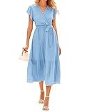 BTFBM Women Summer Bohemian Floral Casual Wrap V Neck Ruffle Cap Sleeveless Belt A-Line Pleated Hem Swing Midi Sun Dress (Solid Light Blue, Small)