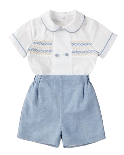 Image of Twoflower Smocked toddler boy outfits Summer Cotton Short Sleeve boys' button-down shirts Casual 2 piece Clothing Set