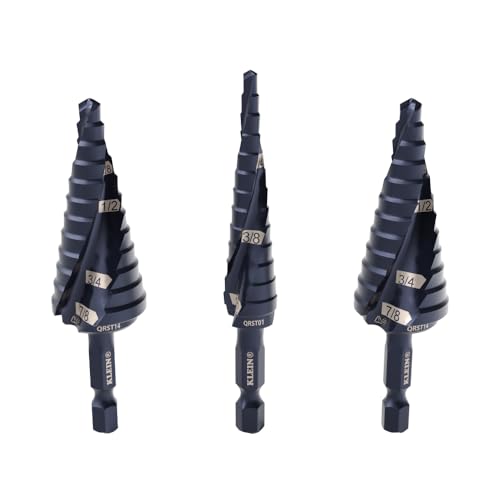 Klein Tools QRST2S Quick-Release Step Bit Set, 3-Piece, Durable Aluminum Titanium Coating, Impact-Rated Hex Shank