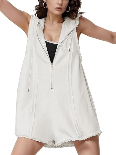 Btaiuo Women's Summer Sleeveless Athletic Workout Hooded Rompers Casual Zip-Front