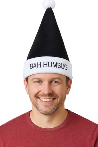 GA COMMUNICATIONS Bah Humbug! Novelty Santa Hat – Black Plush Christmas Party Hat with White Faux-Fur Trim & Pom-Pom, Adult One Size Fits Most – Funny Holiday Stocking Filler (1)