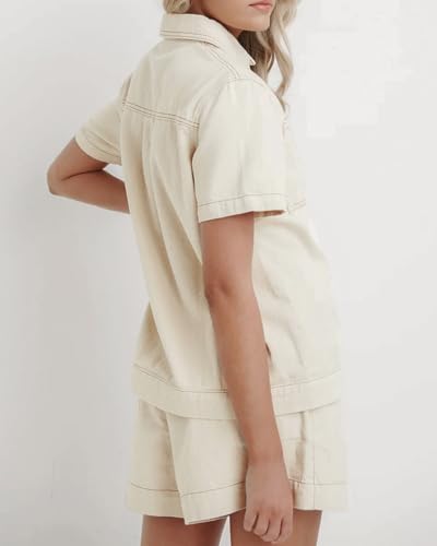 Image of Kedera Summer Denim Set for Women 2 piece Casual Short Sleeve Boxy Shirt Tops and Shorts Pants Lounge Sets Outfits