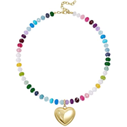 KissYan Beaded Necklaces for Women, Colorful Boho Bead Choker With Bubble Puffy Heart Pendant, Natural Stone Rainbow Necklaces Summer Surfer Beach Handmade Jewelry Gift