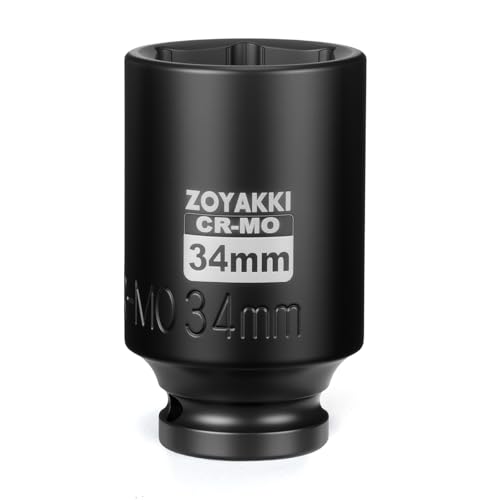 ZOYAKKI 1/2 Drive x 34 mm Deep 6 PT Impact Socket CR-MO 1/2-inch Drive 6 Point Axle Nut Socket for Easy Removal of Axle Shaft Nuts (Metric 34MM)