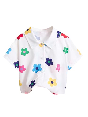 Girl's Floral Shirts Button Down Short Sleeve Vacation Summer Tee Tops
