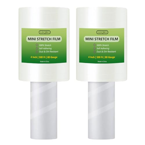 Clear Stretch Wrap Film,4" x 500Ft Pallet Wrap Roll with Handle for Moving Supplies,80 Gauge Industrial Strength Durable Self-Adhering Packing, Moving, Heavy Duty Stretch Film,2 Pack