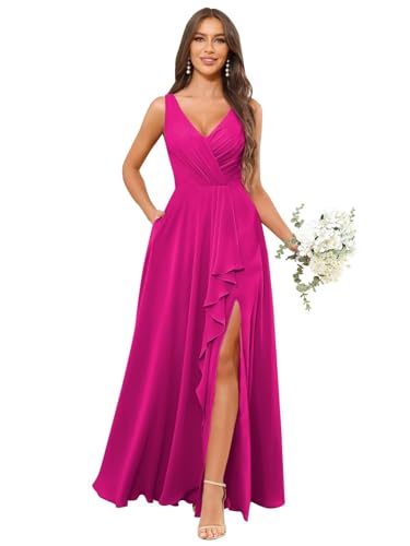 Image of HANVAIOS Long Chiffon V Neck Bridesmaid Dresses for Women Formal Dress with Pocket