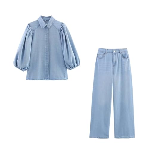 Ensemble en jean 2 pièces avec chemise à revers et pantalon décontracté