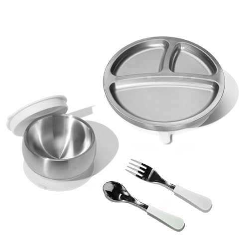 Image of Avanchy Stainless Steel Baby Bowl + Plate with Spoon, Fork and Storage Lid and Removable Silicone Suction Base – Non-Toxic, BPA-Free Feeding Bowl for Babies and Toddlers