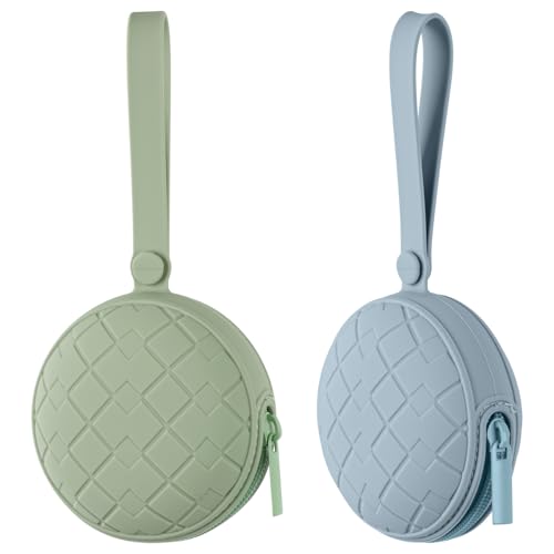 Image of 2 Pack Silicone Pacifier Holder Case, Baby Pacifier Holder Pouch for Newborn, Boys and Girls, Portable Silicone Pacifier Bags (Sage+Ether)