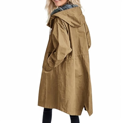 Women's Lightweight Button Down Hooded Trech Coat Fall Oversized Casual Windbreaker Long Jackets with Pockets2