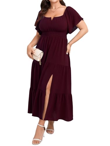 SCOMCHIC Womens Plus Size Maxi Dress Formal Short Sleeve Square Neck Smocked Side Split Flowy A Line Tiered Long Dress