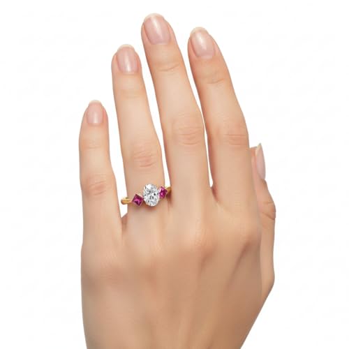 Image of Choose Your Gemstone Kite Design Diamond CZ Ring Yellow Gold Plated Oval Shape 3 Stone Engagement Rings Everyday Jewelry Wedding Jewelry Handmade Gifts for Wife US Size 4 to 12