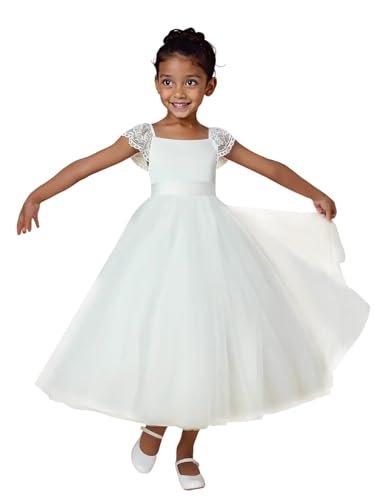 MCieloLuna Lace Cap Sleeve Flower Girl Dresses Satin Tulle First Communion Dress for Girls Square Neck Formal Ball Gown2