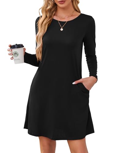 Uvog Womens Long Sleeve Tunic Dresses Casual T Shirt Swing Dress with Pockets Black M